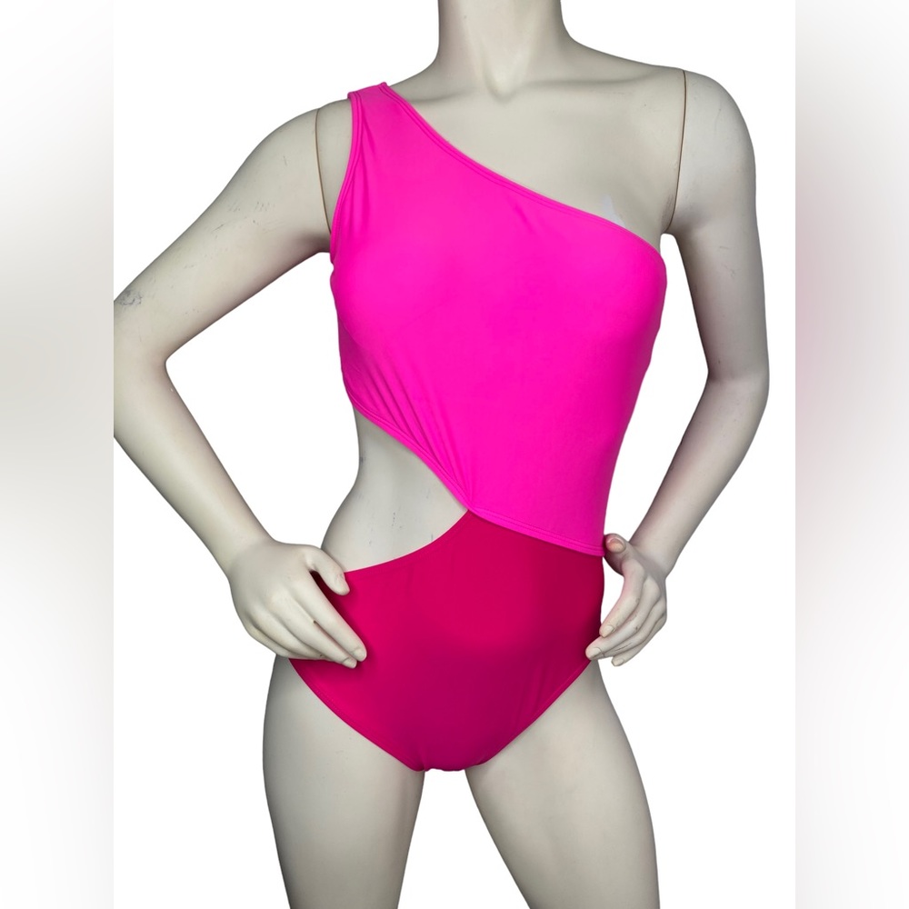 NWOT. Unbranded. Pink One Shoulder Cut Out Color Block One Piece Swimsuit